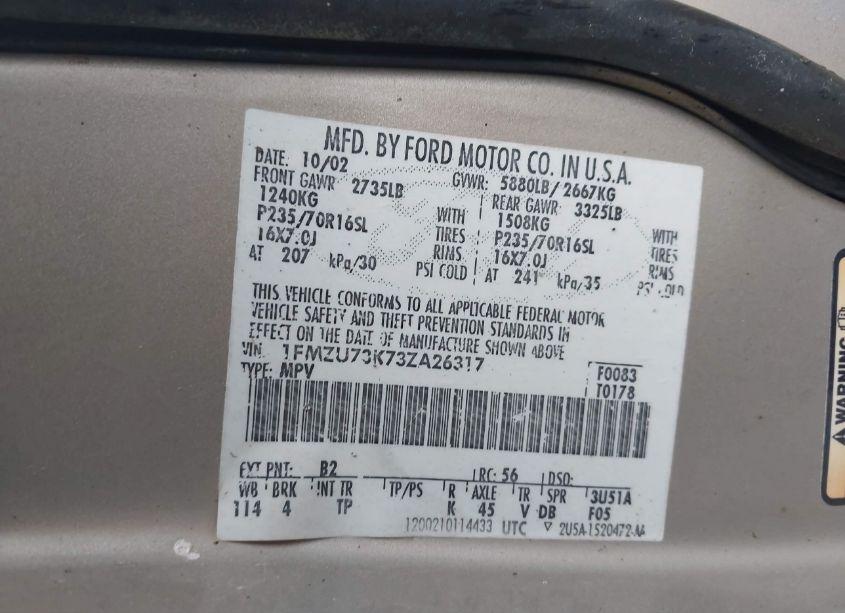 Photo 9 of 2003 Ford Explorer NBX/XLT (VIN 1FMZU73K73ZA26317)