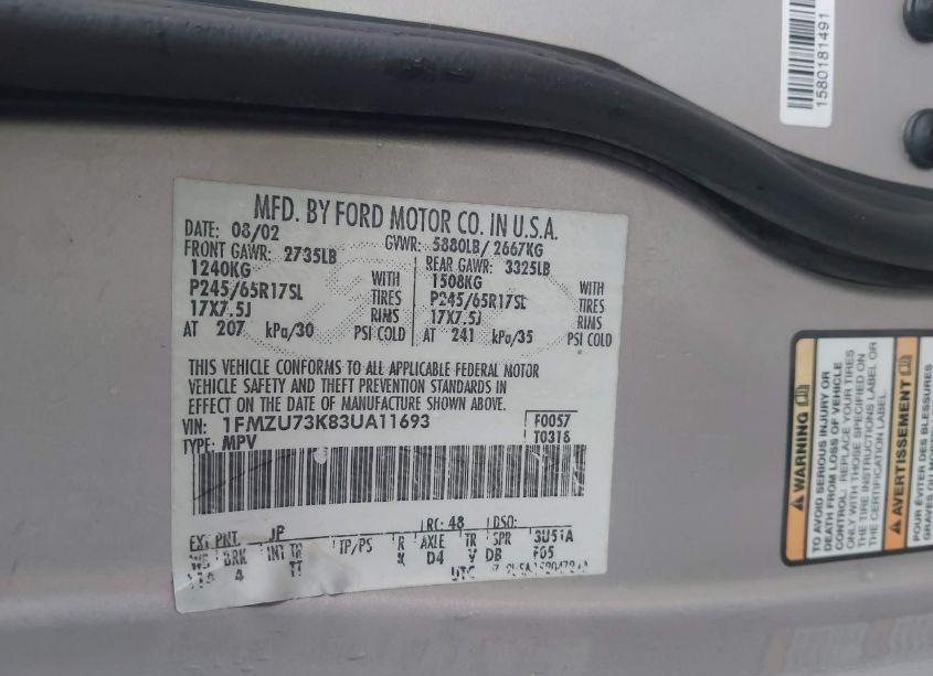 Photo 9 of 2003 Ford Explorer NBX/XLT (VIN 1FMZU73K83UA11693)