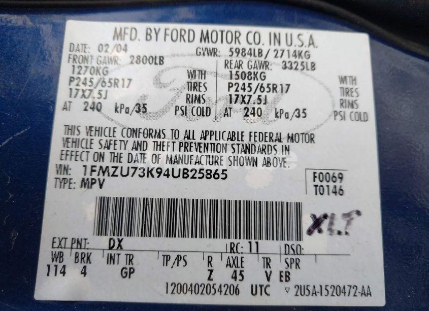 Photo 9 of 2004 Ford Explorer NBX/XLT (VIN 1FMZU73K94UB25865)