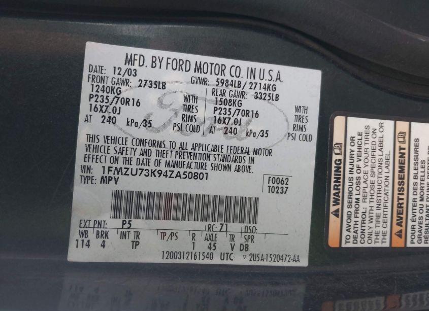 Photo 9 of 2004 Ford Explorer NBX/XLT (VIN 1FMZU73K94ZA50801)