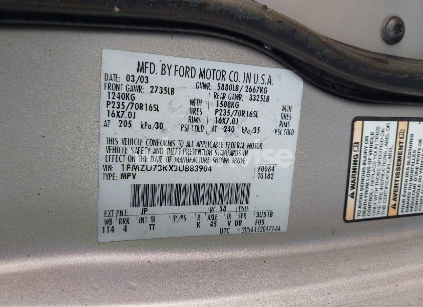 Photo 9 of 2003 Ford Explorer NBX/XLT (VIN 1FMZU73KX3UB83904)