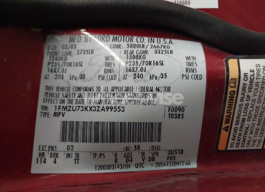 Photo 9 of 2003 Ford Explorer NBX/XLT (VIN 1FMZU73KX3ZA99553)