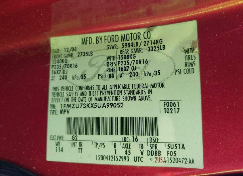 Photo 9 of 2005 Ford Explorer XLT/XLT SPORT (VIN 1FMZU73KX5UA99052)