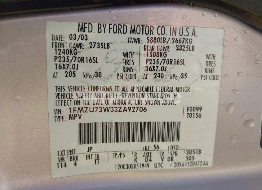 Photo 9 of 2003 Ford Explorer NBX/XLT (VIN 1FMZU73W33ZA92706)