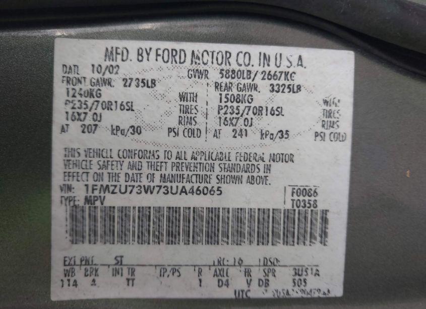 Photo 9 of 2003 Ford Explorer NBX/XLT (VIN 1FMZU73W73UA46065)