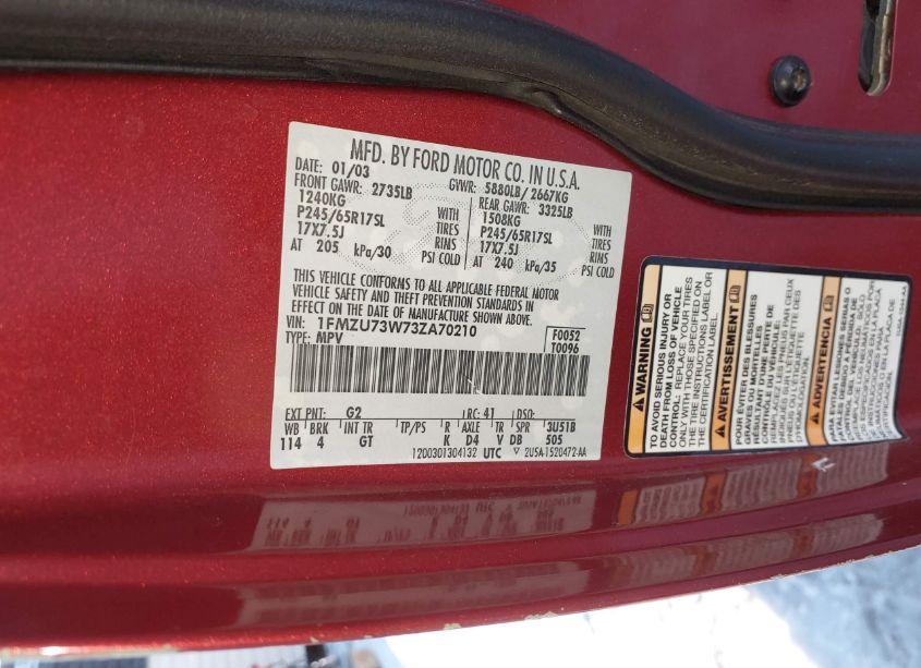 Photo 9 of 2003 Ford Explorer NBX/XLT (VIN 1FMZU73W73ZA70210)