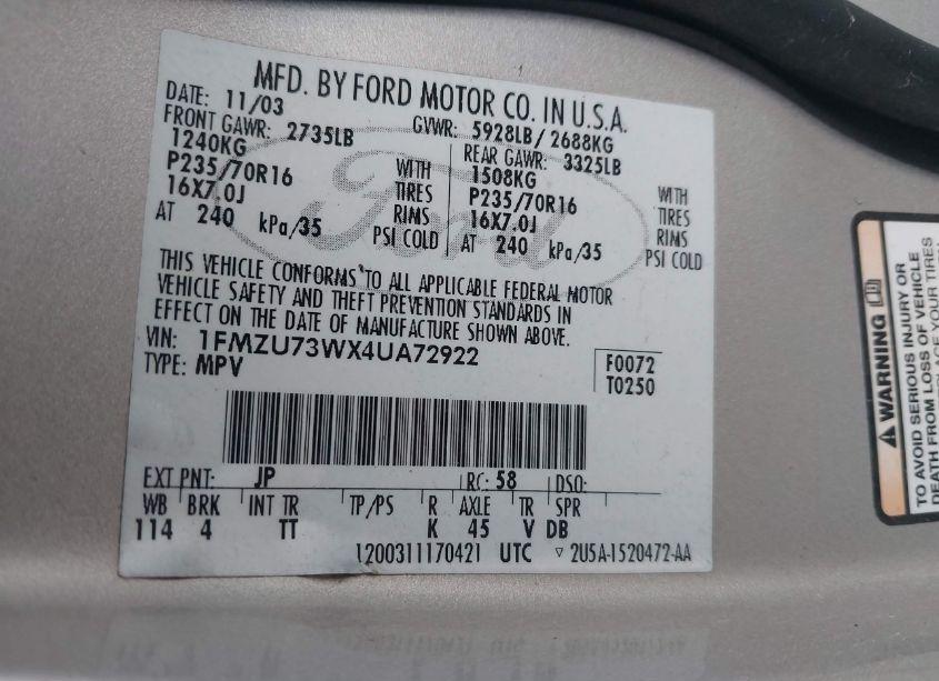 Photo 9 of 2004 Ford Explorer NBX/XLT (VIN 1FMZU73WX4UA72922)