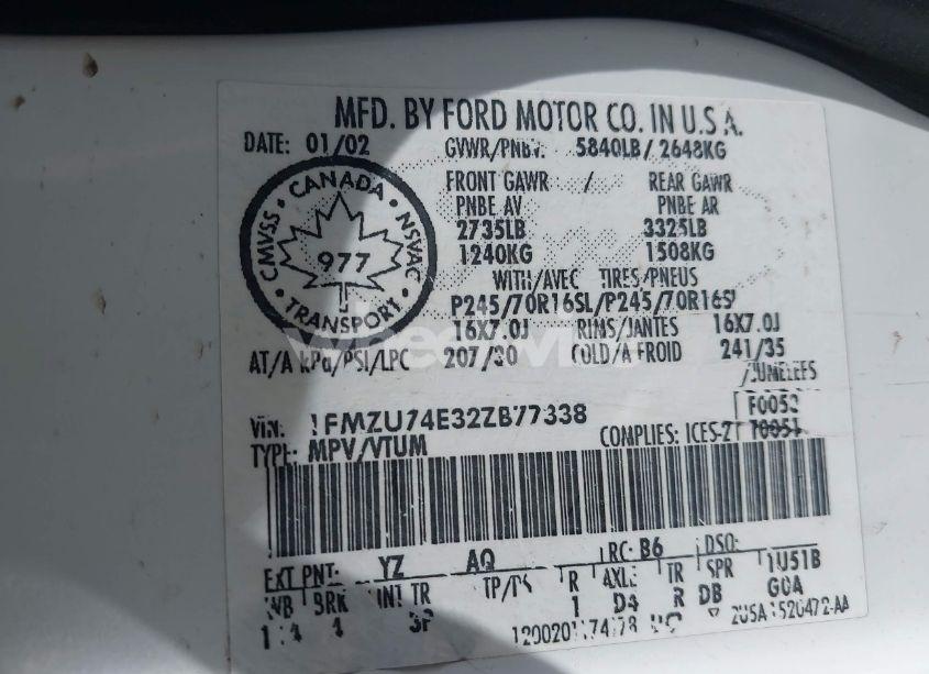 Photo 9 of 2002 Ford Explorer EDDIE BAUER (VIN 1FMZU74E32ZB77338)