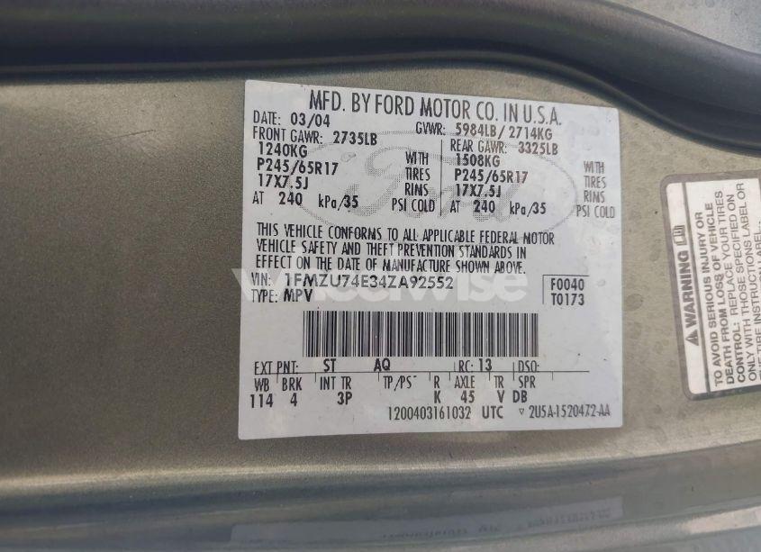 Photo 9 of 2004 Ford Explorer EDDIE BAUER (VIN 1FMZU74E34ZA92552)