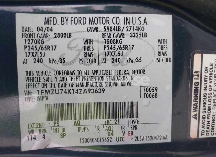 Photo 9 of 2004 Ford Explorer EDDIE BAUER (VIN 1FMZU74K14ZA93639)