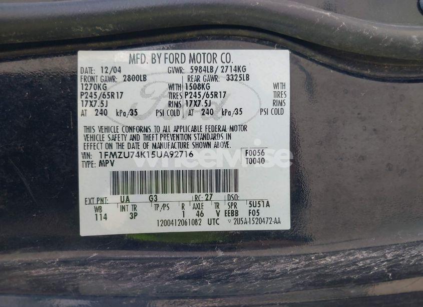 Photo 9 of 2005 Ford Explorer EDDIE BAUER (VIN 1FMZU74K15UA92716)