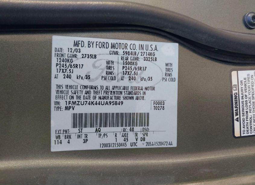 Photo 9 of 2004 Ford Explorer EDDIE BAUER (VIN 1FMZU74K44UA95849)