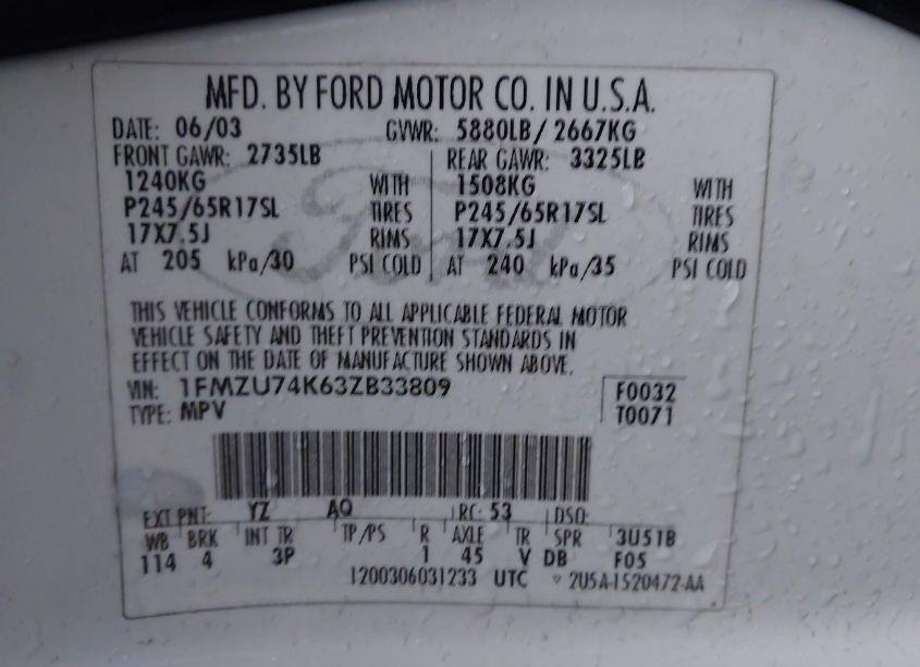 Photo 9 of 2003 Ford Explorer EDDIE BAUER (VIN 1FMZU74K63ZB33809)