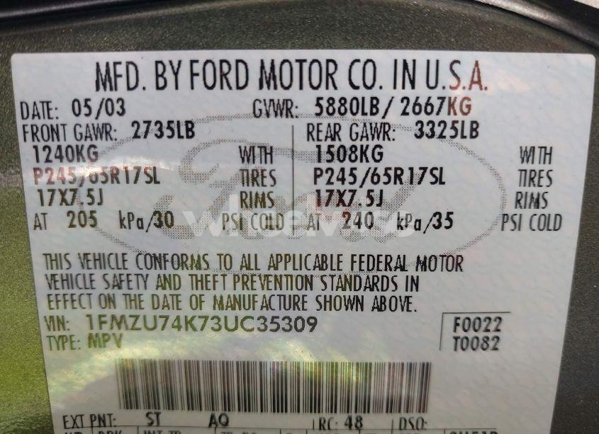 Photo 9 of 2003 Ford Explorer EDDIE BAUER (VIN 1FMZU74K73UC35309)