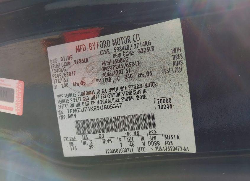 Photo 9 of 2005 Ford Explorer EDDIE BAUER (VIN 1FMZU74K85UB05347)