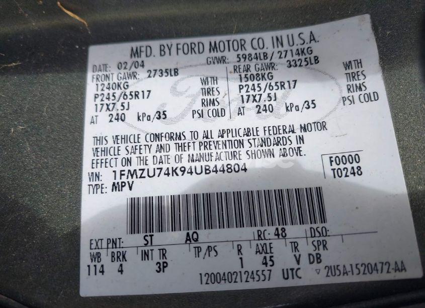 Photo 9 of 2004 Ford Explorer EDDIE BAUER (VIN 1FMZU74K94UB44804)