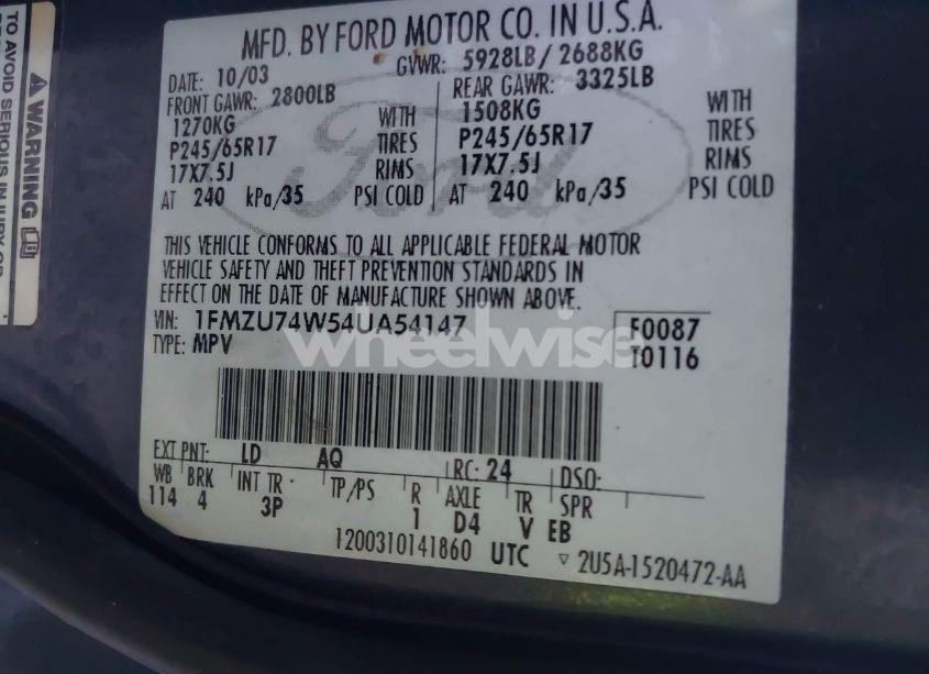 Photo 9 of 2004 Ford Explorer EDDIE BAUER (VIN 1FMZU74W54UA54147)