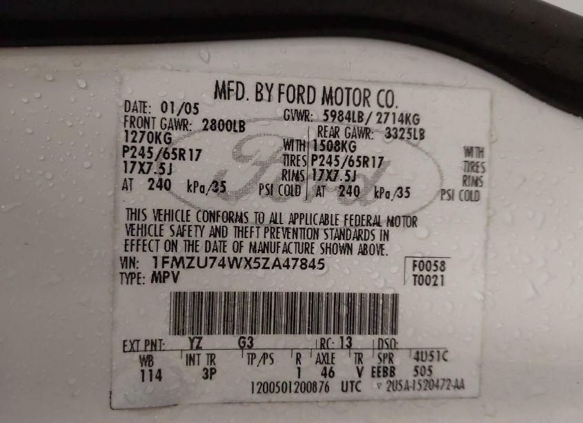 Photo 9 of 2005 Ford Explorer EDDIE BAUER (VIN 1FMZU74WX5ZA47845)