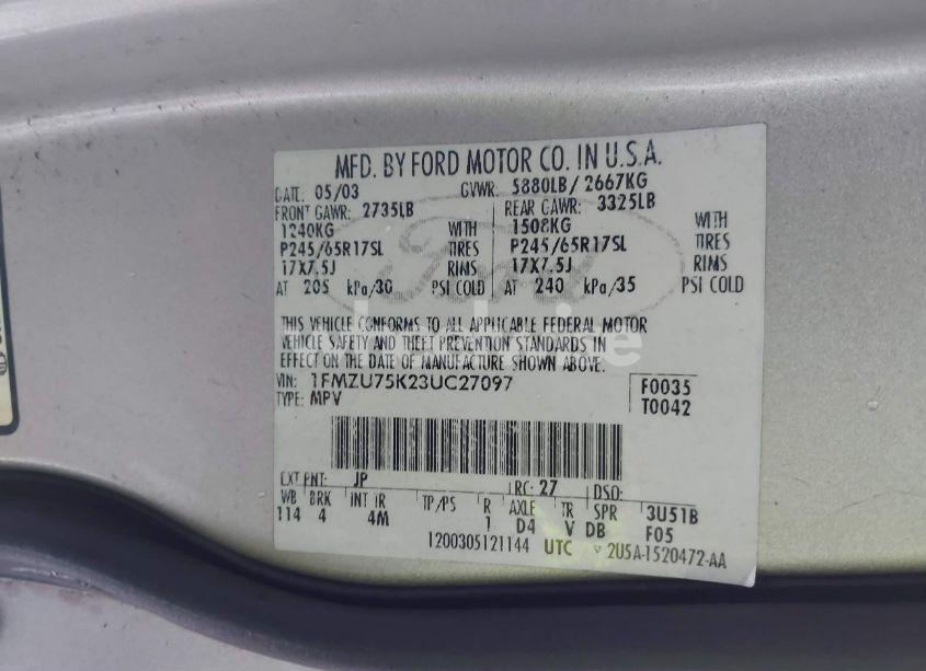 Photo 9 of 2003 Ford Explorer LIMITED (VIN 1FMZU75K23UC27097)