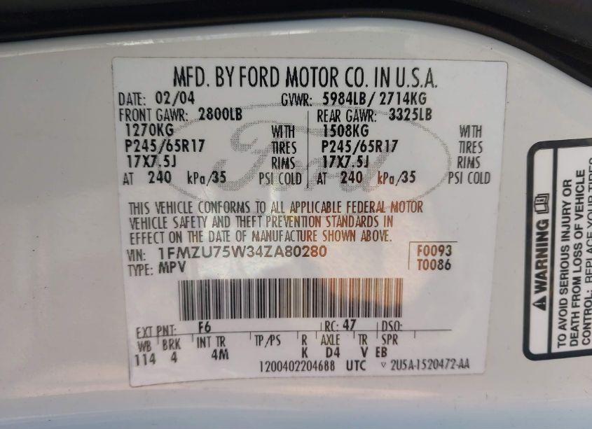 Photo 9 of 2004 Ford Explorer LIMITED (VIN 1FMZU75W34ZA80280)