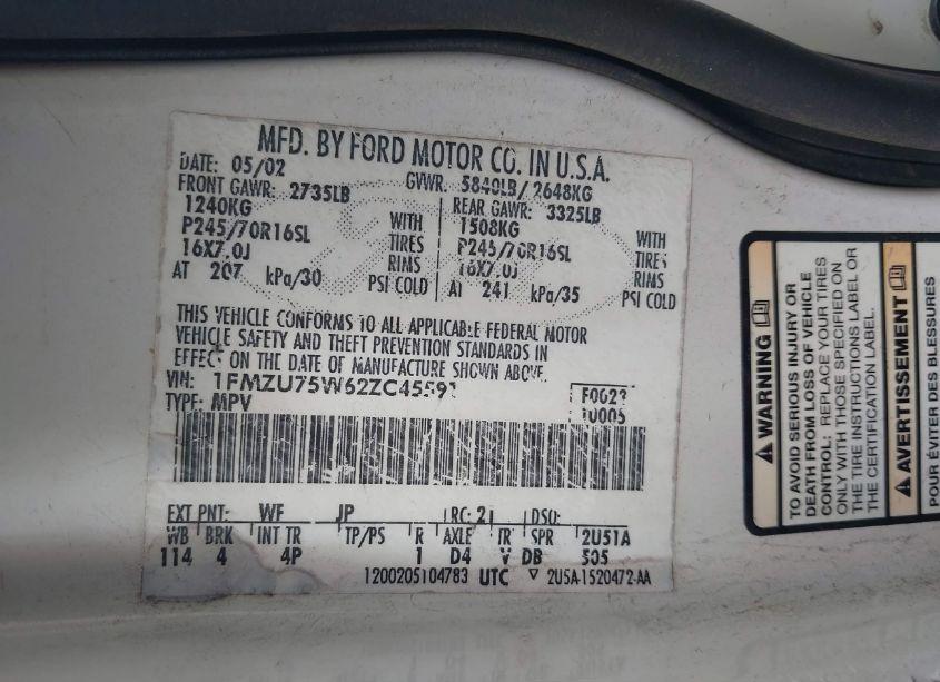 Photo 9 of 2002 Ford Explorer LIMITED (VIN 1FMZU75W62ZC45591)