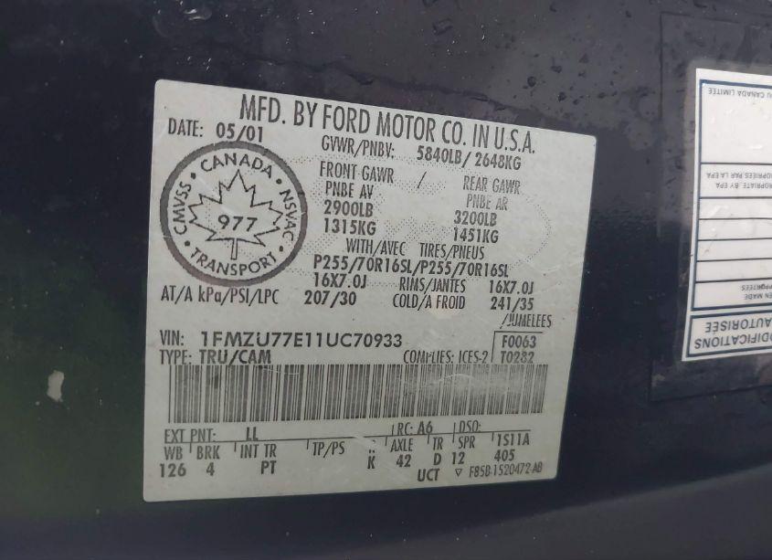 Photo 9 of 2001 Ford Explorer SPORT TRAC (VIN 1FMZU77E11UC70933)