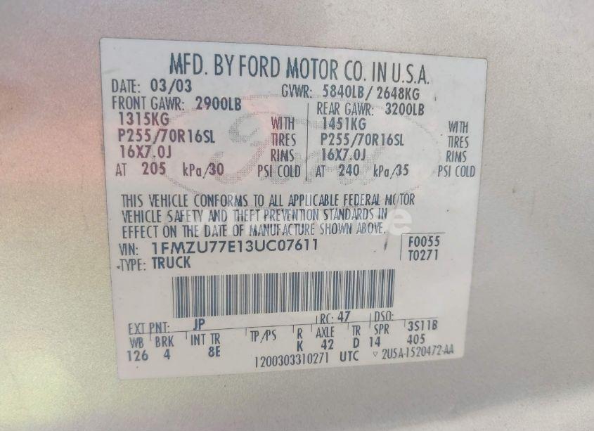 Photo 9 of 2003 Ford Explorer SPORT TRAC XLS/XLT (VIN 1FMZU77E13UC07611)