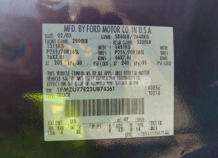 Photo 9 of 2003 Ford Explorer SPORT TRAC XLS/XLT (VIN 1FMZU77E23UB74361)