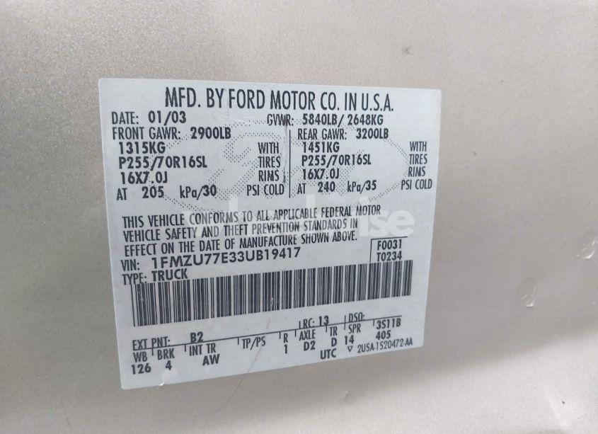 Photo 9 of 2003 Ford Explorer SPORT TRAC XLS/XLT (VIN 1FMZU77E33UB19417)