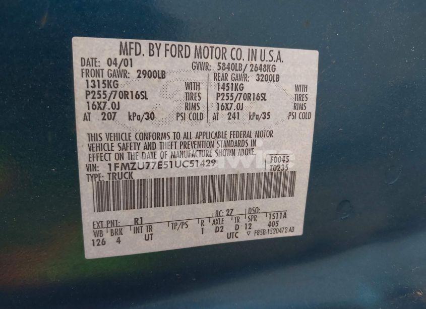 Photo 9 of 2001 Ford Explorer SPORT TRAC (VIN 1FMZU77E51UC51429)