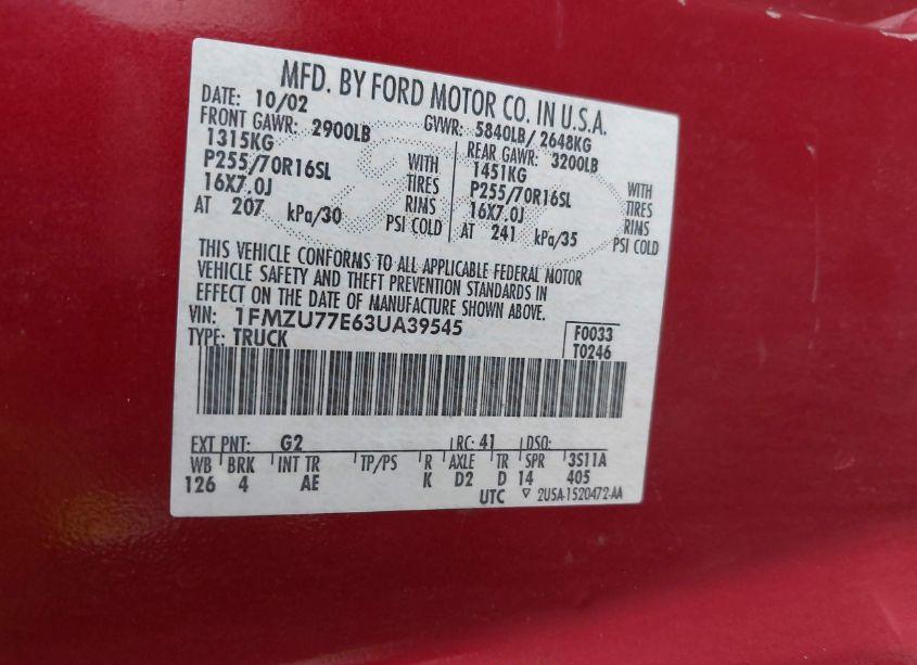 Photo 9 of 2003 Ford Explorer SPORT TRAC XLS/XLT (VIN 1FMZU77E63UA39545)