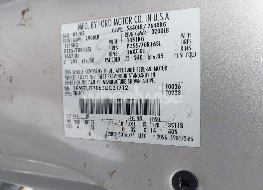 Photo 9 of 2003 Ford Explorer SPORT TRAC XLS/XLT (VIN 1FMZU77E63UC31712)