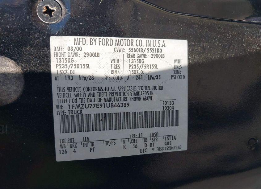 Photo 6 of 2001 Ford Explorer SPORT TRAC (VIN 1FMZU77E91UB46389)