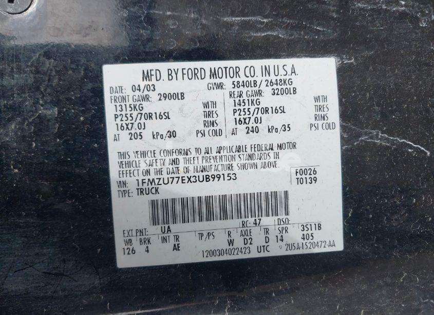 Photo 9 of 2003 Ford Explorer SPORT TRAC XLS/XLT (VIN 1FMZU77EX3UB99153)