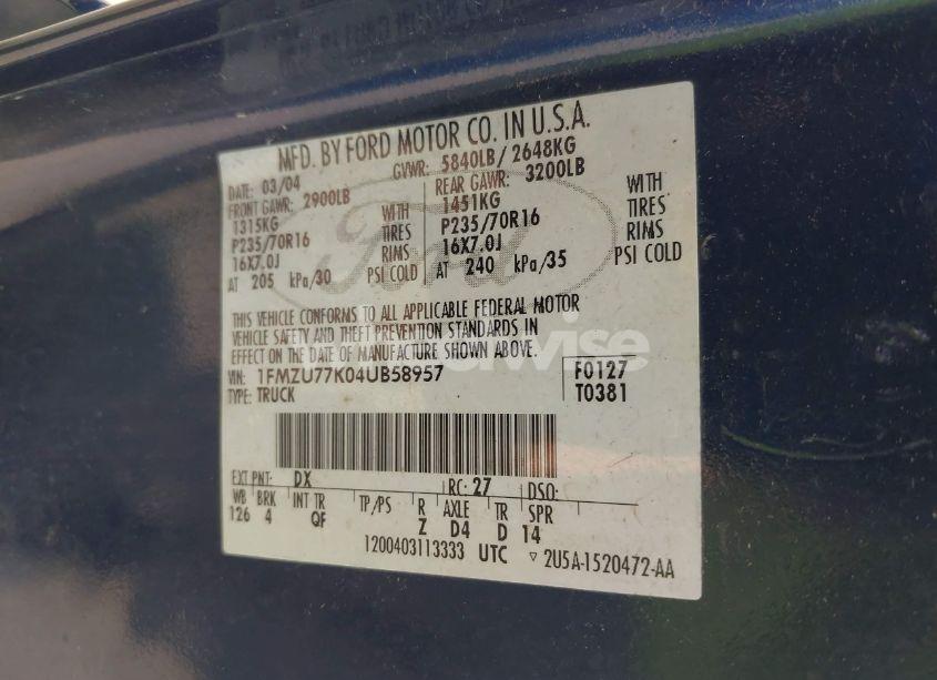 Photo 9 of 2004 Ford Explorer SPORT TRAC ADRENALIN/XLS/XLT (VIN 1FMZU77K04UB58957)