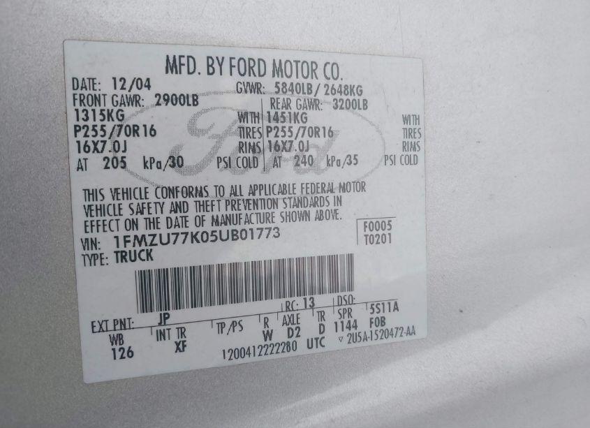 Photo 9 of 2005 Ford Explorer SPORT TRAC ADRENALIN/XLS/XLT (VIN 1FMZU77K05UB01773)