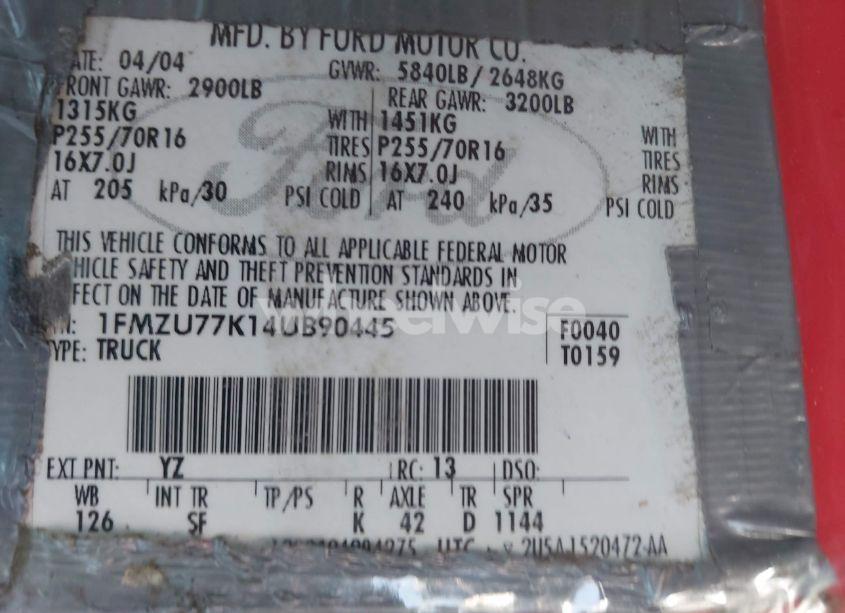 Photo 9 of 2004 Ford Explorer SPORT TRAC ADRENALIN/XLS/XLT (VIN 1FMZU77K14UB90445)