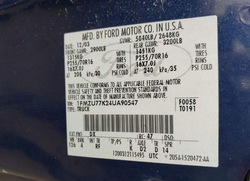 Photo 9 of 2004 Ford Explorer SPORT TRAC ADRENALIN/XLS/XLT (VIN 1FMZU77K24UA90547)