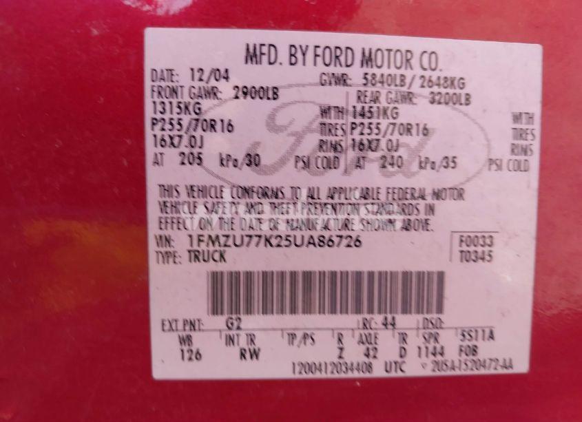 Photo 9 of 2005 Ford Explorer SPORT TRAC ADRENALIN/XLS/XLT (VIN 1FMZU77K25UA86726)