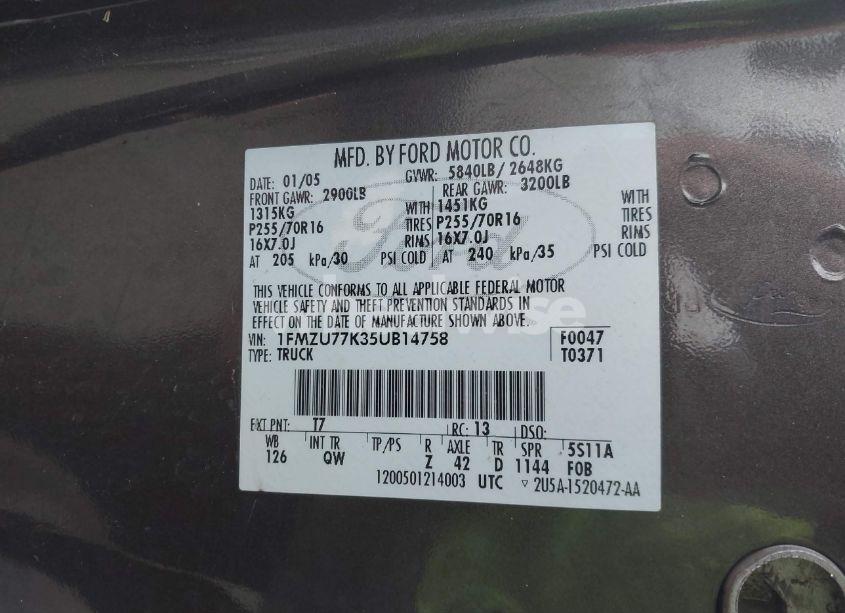 Photo 9 of 2005 Ford Explorer SPORT TRAC ADRENALIN/XLS/XLT (VIN 1FMZU77K35UB14758)