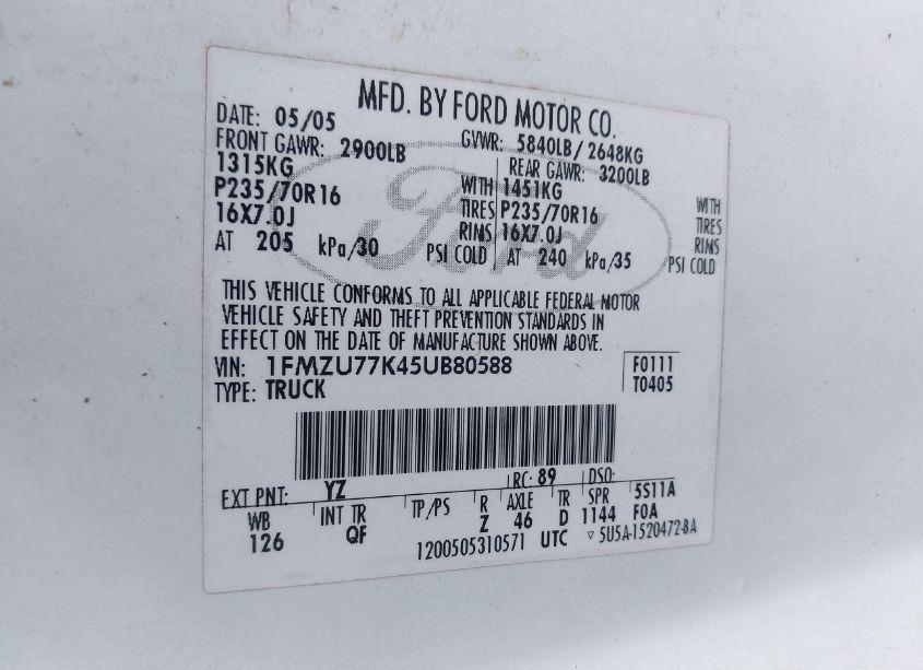 Photo 9 of 2005 Ford Explorer SPORT TRAC ADRENALIN/XLS/XLT (VIN 1FMZU77K45UB80588)