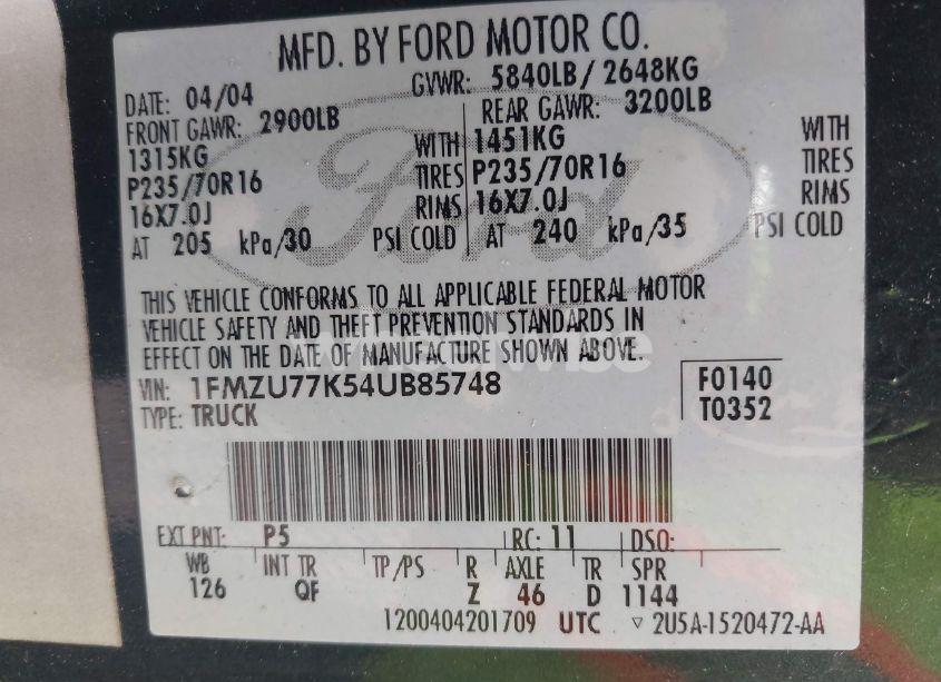 Photo 9 of 2004 Ford Explorer SPORT TRAC ADRENALIN/XLS/XLT (VIN 1FMZU77K54UB85748)