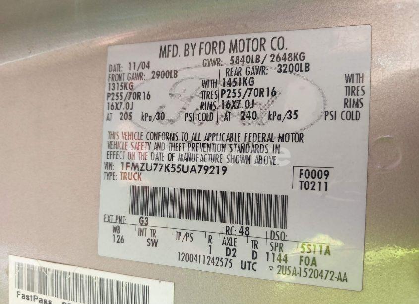 Photo 9 of 2005 Ford Explorer SPORT TRAC ADRENALIN/XLS/XLT (VIN 1FMZU77K55UA79219)