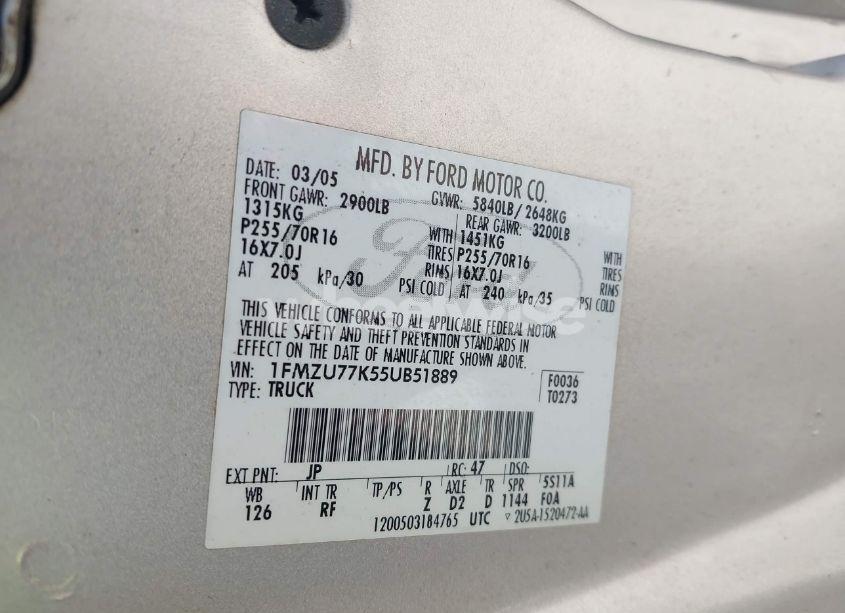 Photo 9 of 2005 Ford Explorer SPORT TRAC ADRENALIN/XLS/XLT (VIN 1FMZU77K55UB51889)