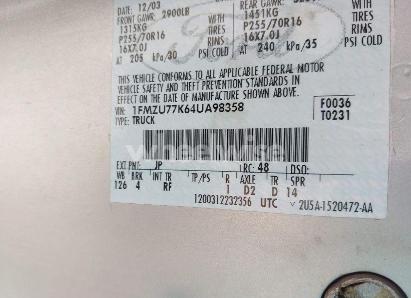 Photo 9 of 2004 Ford Explorer SPORT TRAC ADRENALIN/XLS/XLT (VIN 1FMZU77K64UA98358)