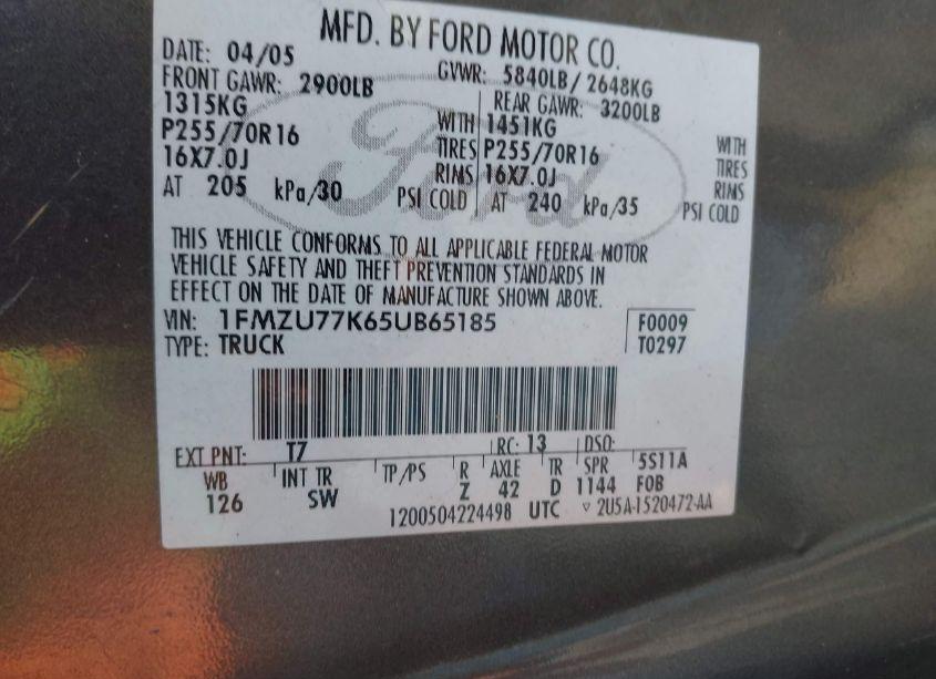 Photo 9 of 2005 Ford Explorer SPORT TRAC (VIN 1FMZU77K65UB65185)