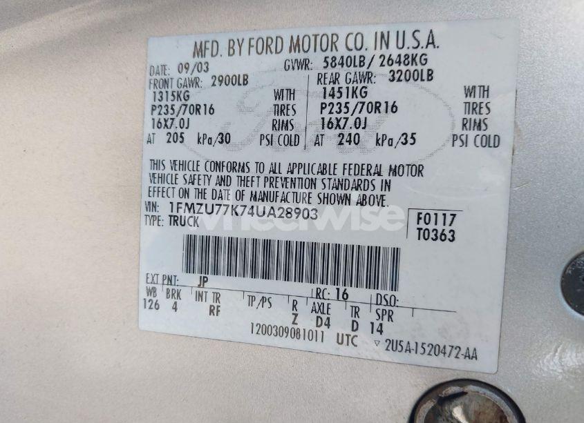 Photo 9 of 2004 Ford Explorer SPORT TRAC ADRENALIN/XLS/XLT (VIN 1FMZU77K74UA28903)