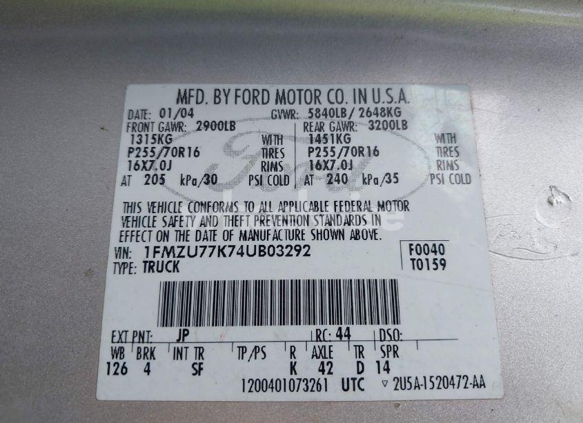 Photo 9 of 2004 Ford Explorer SPORT TRAC ADRENALIN/XLS/XLT (VIN 1FMZU77K74UB03292)