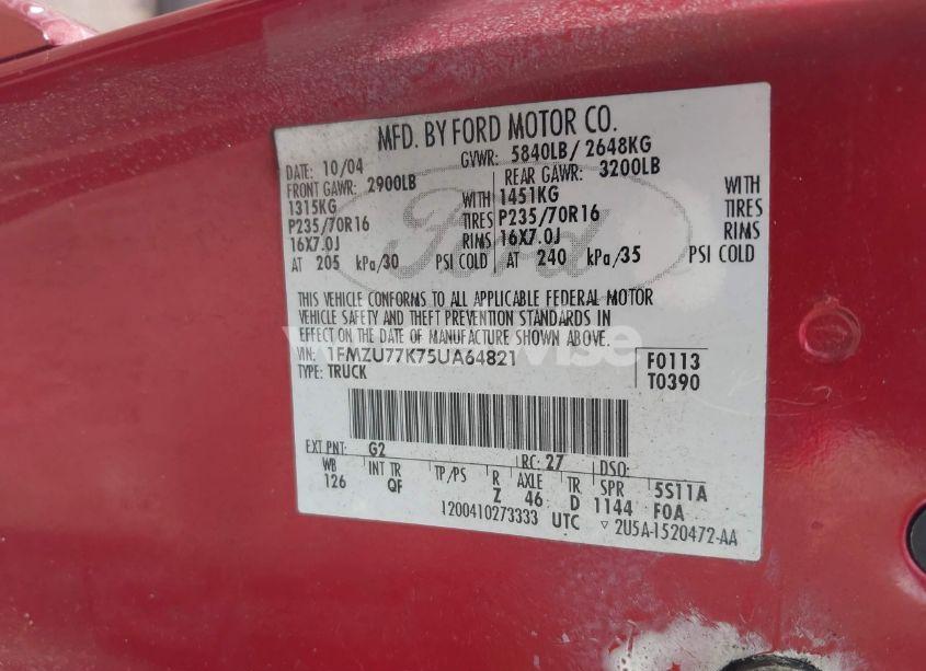 Photo 9 of 2005 Ford Explorer SPORT TRAC ADRENALIN/XLS/XLT (VIN 1FMZU77K75UA64821)