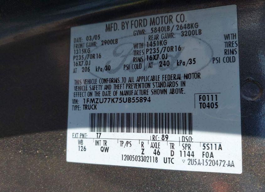 Photo 9 of 2005 Ford Explorer SPORT TRAC ADRENALIN/XLS/XLT (VIN 1FMZU77K75UB55894)